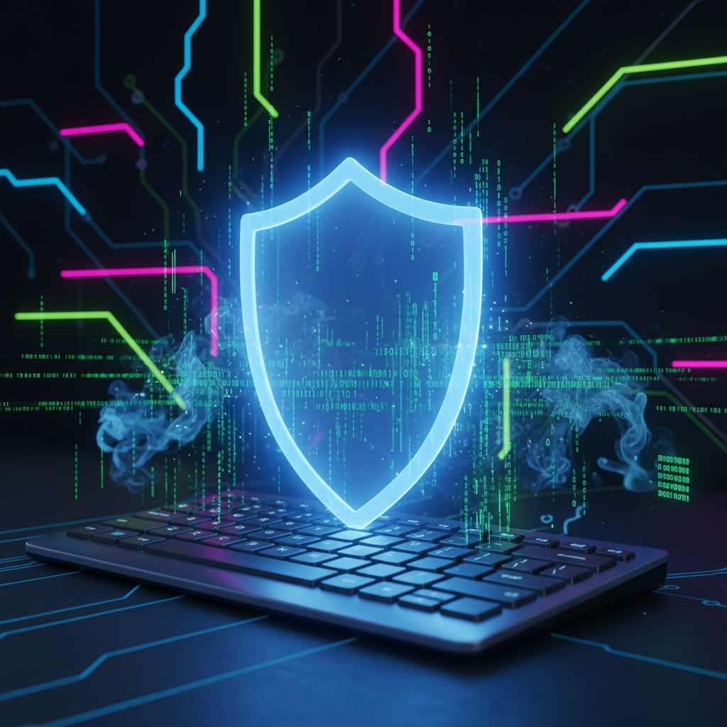 A conceptual illustration of digital security, featuring a glowing shield over a computer keyboard and floating binary code. Dark tech background with neon accents. No text. 4:3