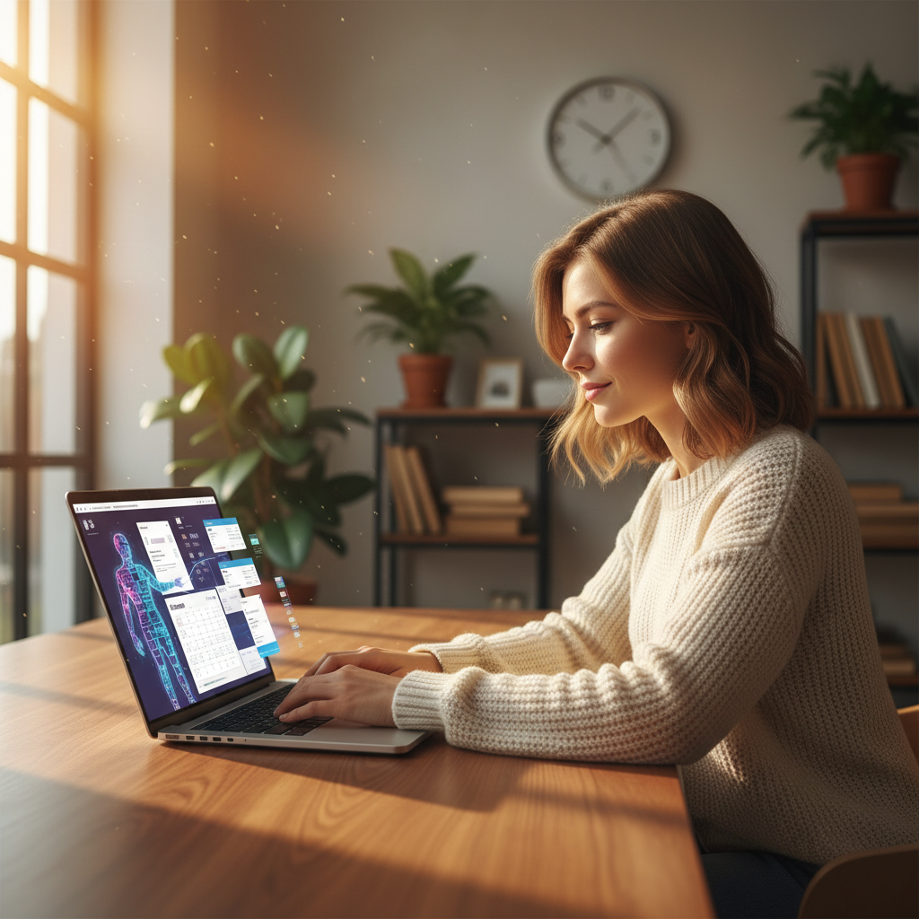 A person working on a laptop in a bright office, with a subtle digital AI silhouette helping organize icons and windows on the screen. Lifestyle photography with warm, natural lighting. 4:3