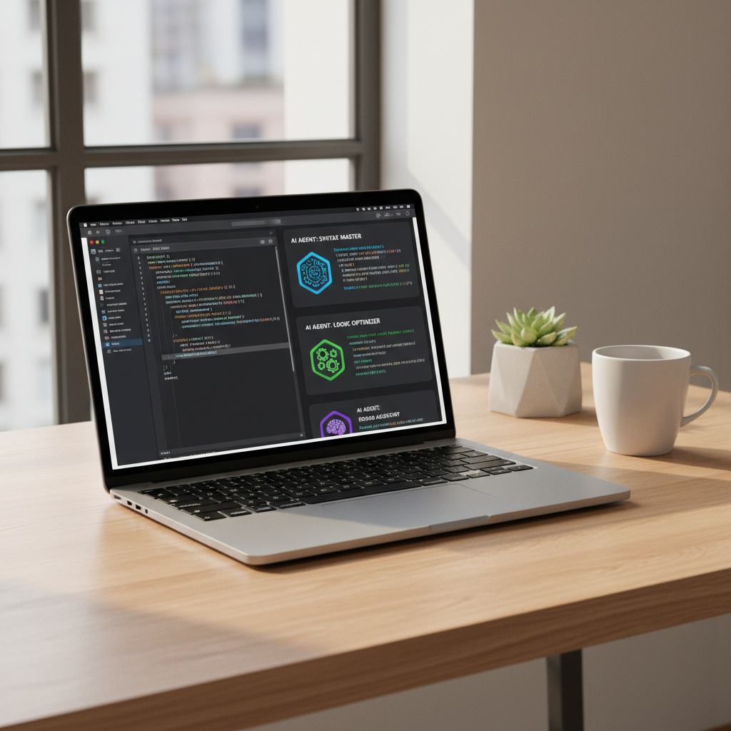 A sleek MacOS interface showing a modern coding editor with AI agent panels on the side. A MacBook Pro is placed on a clean wooden desk with soft natural lighting. The screen displays code snippets and multiple AI agent avatars. High-quality professional photography style. 4:3