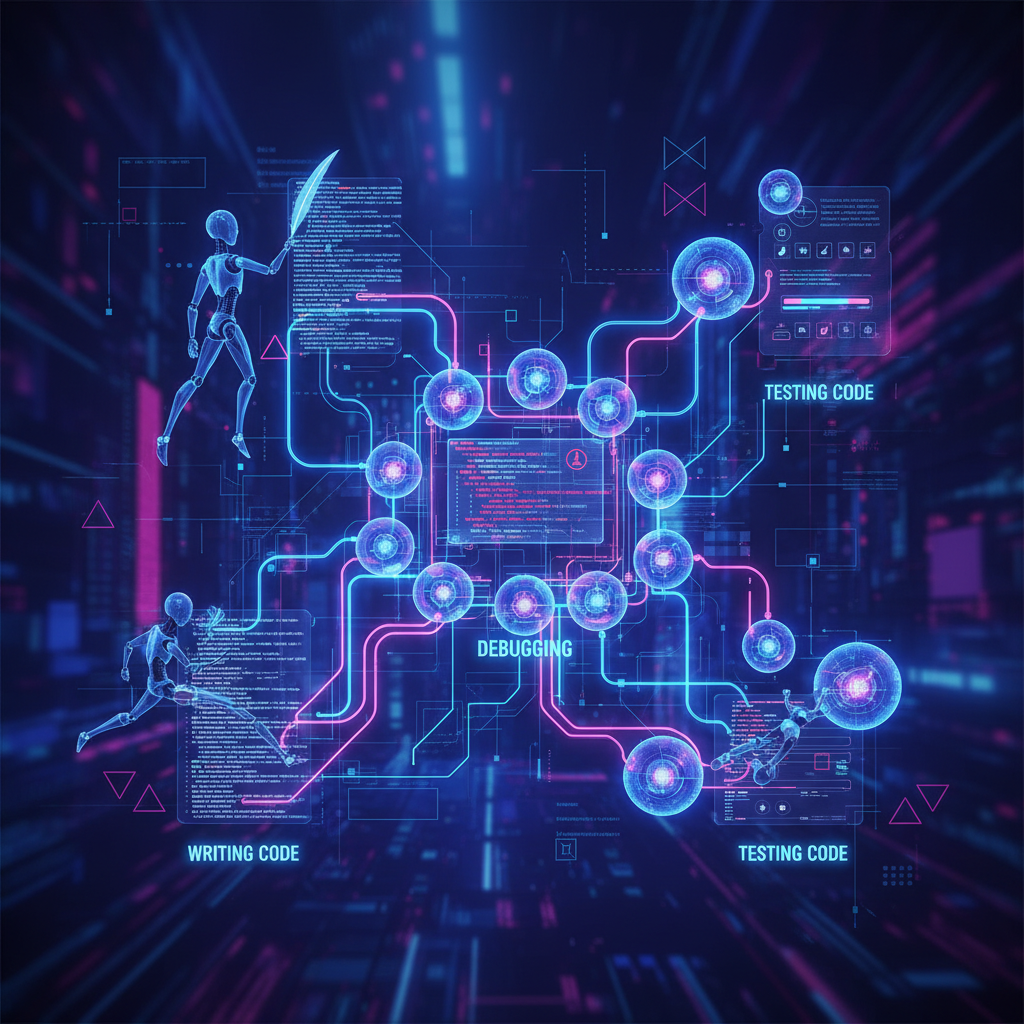 Conceptual illustration of multiple glowing AI spheres or robots working together in a digital network. Each agent is focused on a different task like debugging, writing, and testing code. Modern high-tech aesthetic with blue and purple neon lights. 1:1