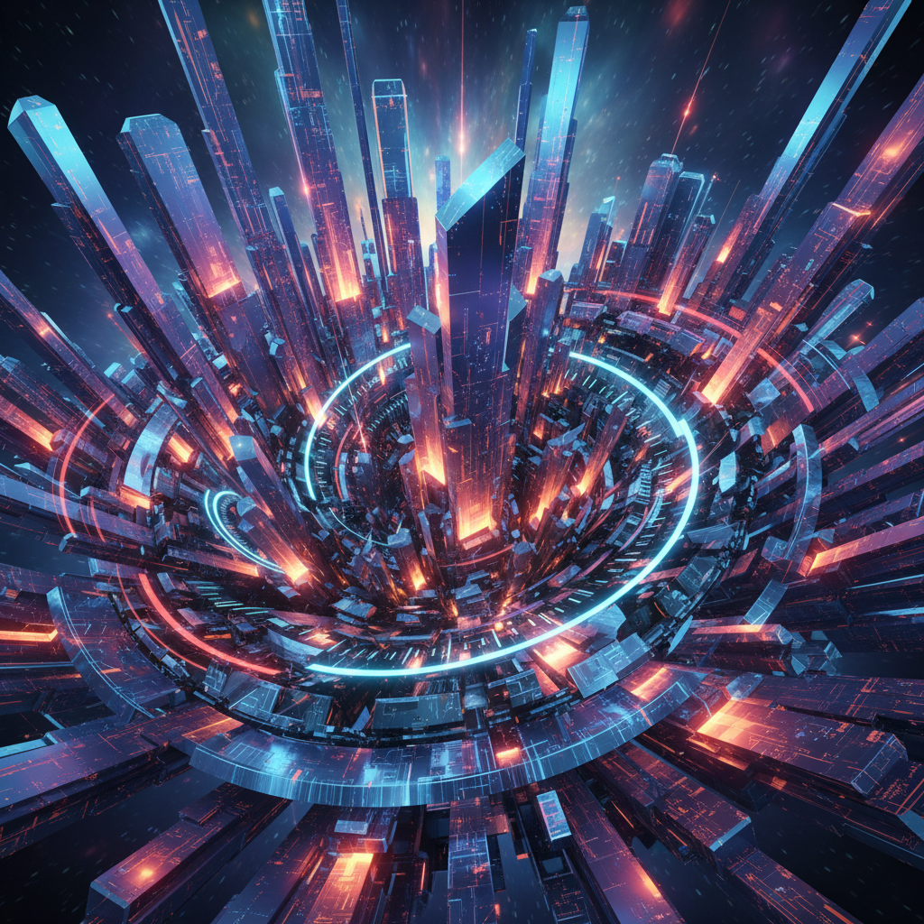 An abstract 3D visualization of data bars and speed gauges representing high-performance AI computing. The colors are vibrant with a futuristic metallic texture. No text should be visible on the gauges. 4:3