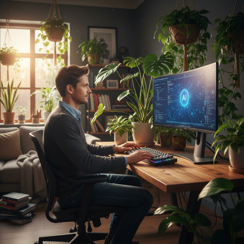 A professional developer in a modern, plant-filled home office focusing on a computer screen. They look thoughtful and creative while interacting with an advanced AI interface. Soft evening light coming through a window. Realistic photography style. 1:1