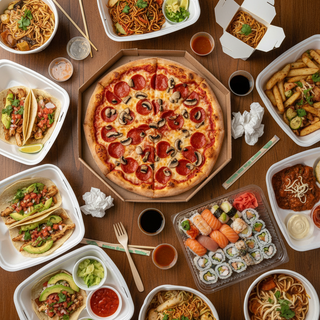 A top-down realistic food photography shot of multiple containers from various restaurants, including sushi, pizza, and tacos, spread out on a wooden dining table. Vivid colors, professional lighting, appetizing look, 4:3.