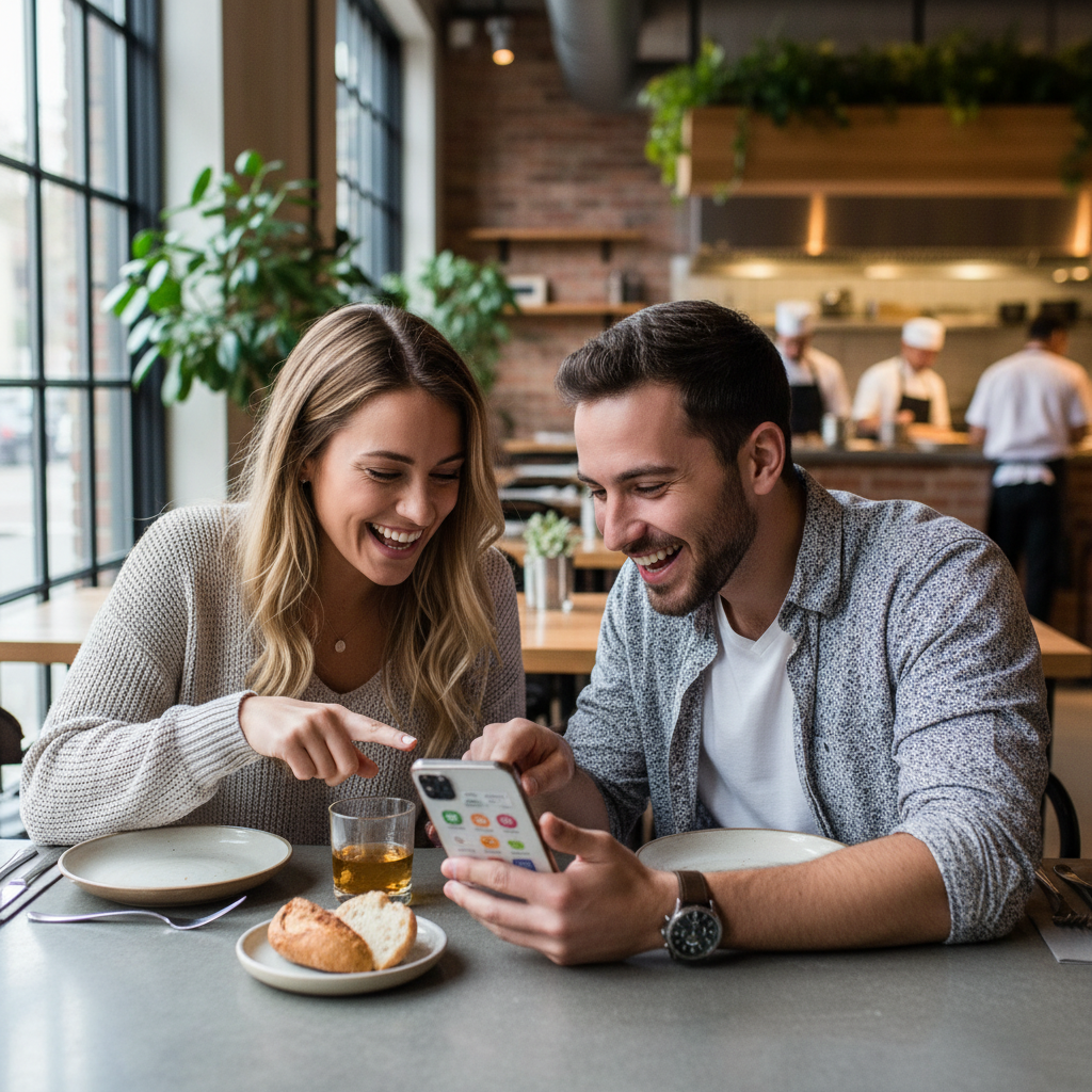 Two young adults at a local trendy restaurant, looking at a smartphone app excitedly while waiting for their food. High-quality lifestyle imagery, natural lighting, modern restaurant interior background, 4:3.