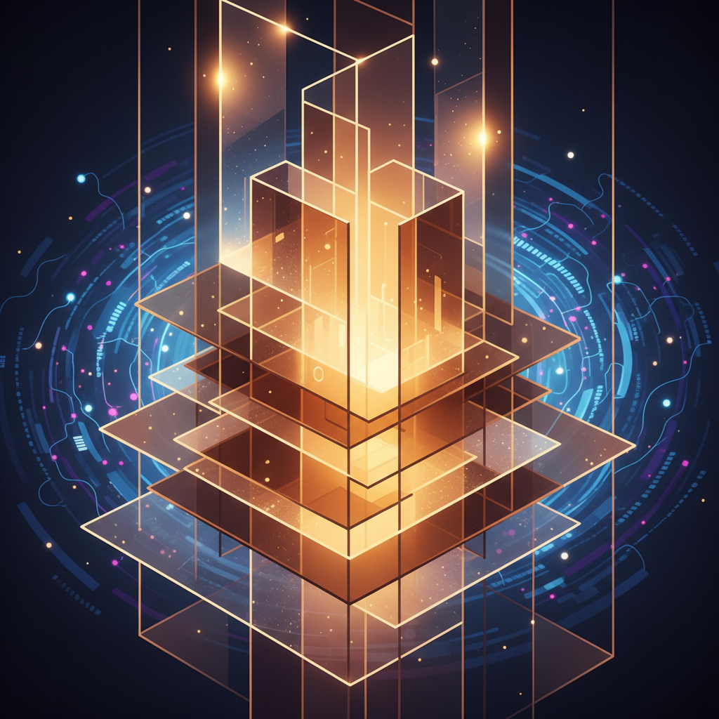 An artistic illustration representing digital privacy and transparency. Glowing light pass through clear glass layers. Digital abstract concept with warm and professional colors. 4:3