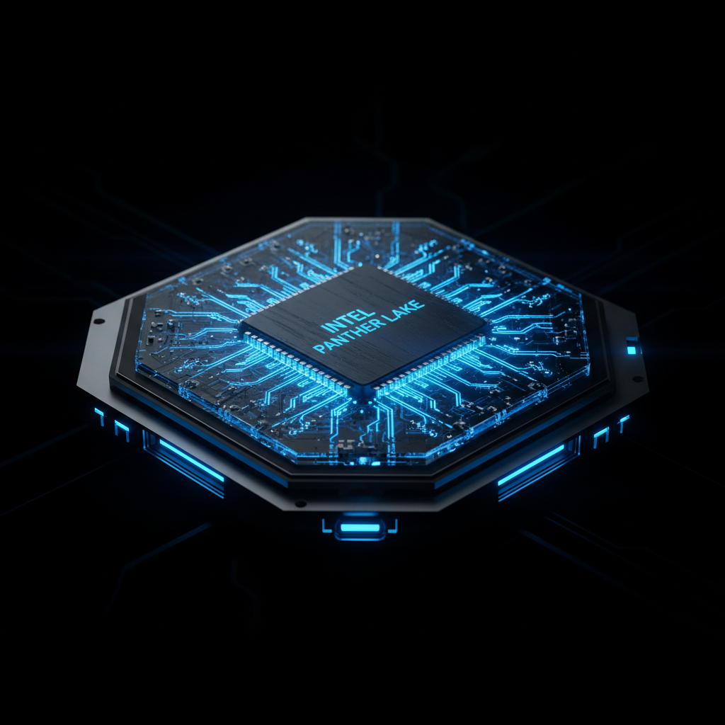 Close up of a futuristic semiconductor chip with glowing blue circuits representing Intel Panther Lake technology, dark background, 4:3