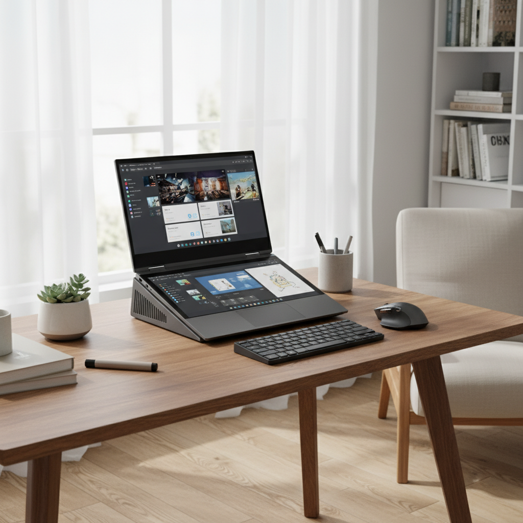 A modern dual-screen laptop on a clean wooden desk in a bright office environment, lifestyle photography, 4:3