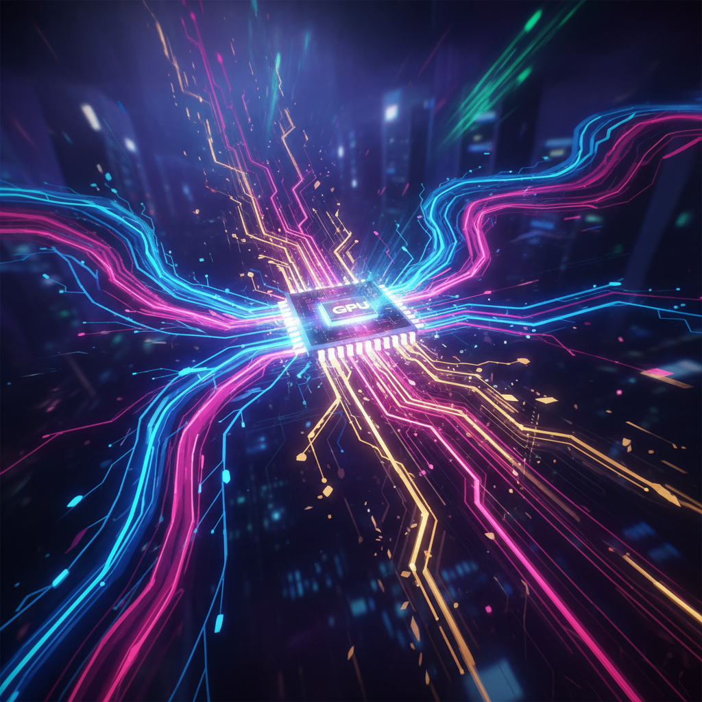 Artistic rendering of high-speed data flow and light streaks representing powerful GPU performance, 4:3