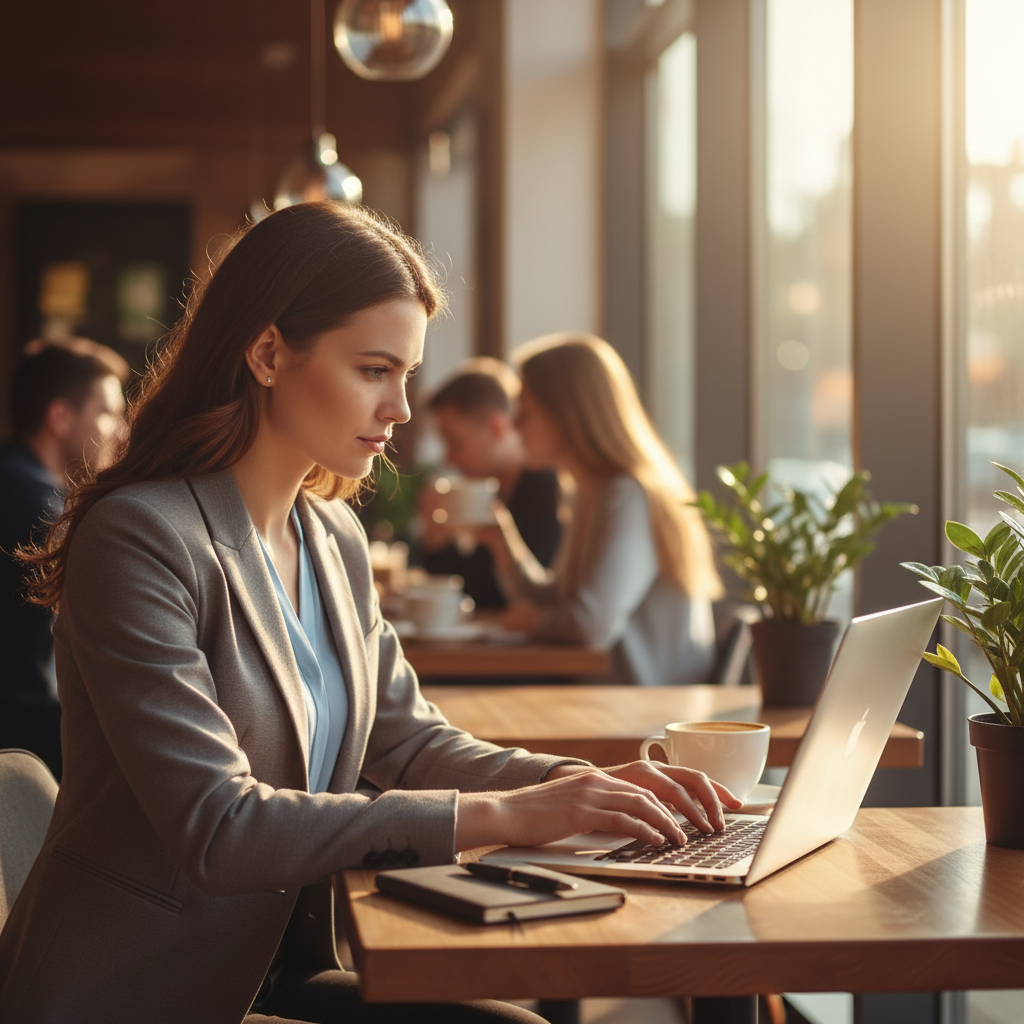 A professional person using a thin laptop in a sunny cafe, natural light, 4:3