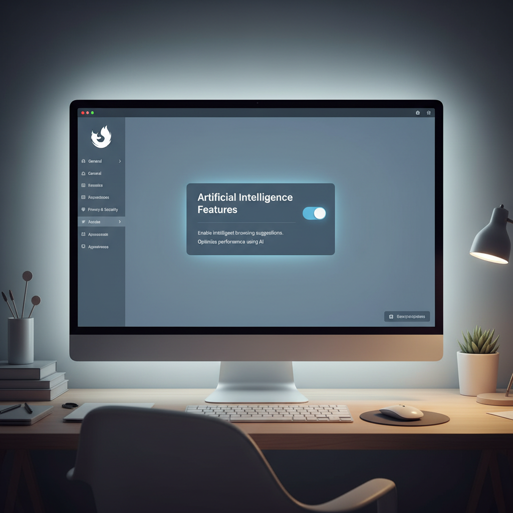 A clean and modern Firefox browser settings interface showing a toggle switch for AI features, minimalist design, soft lighting, tech-savvy environment, 1:1