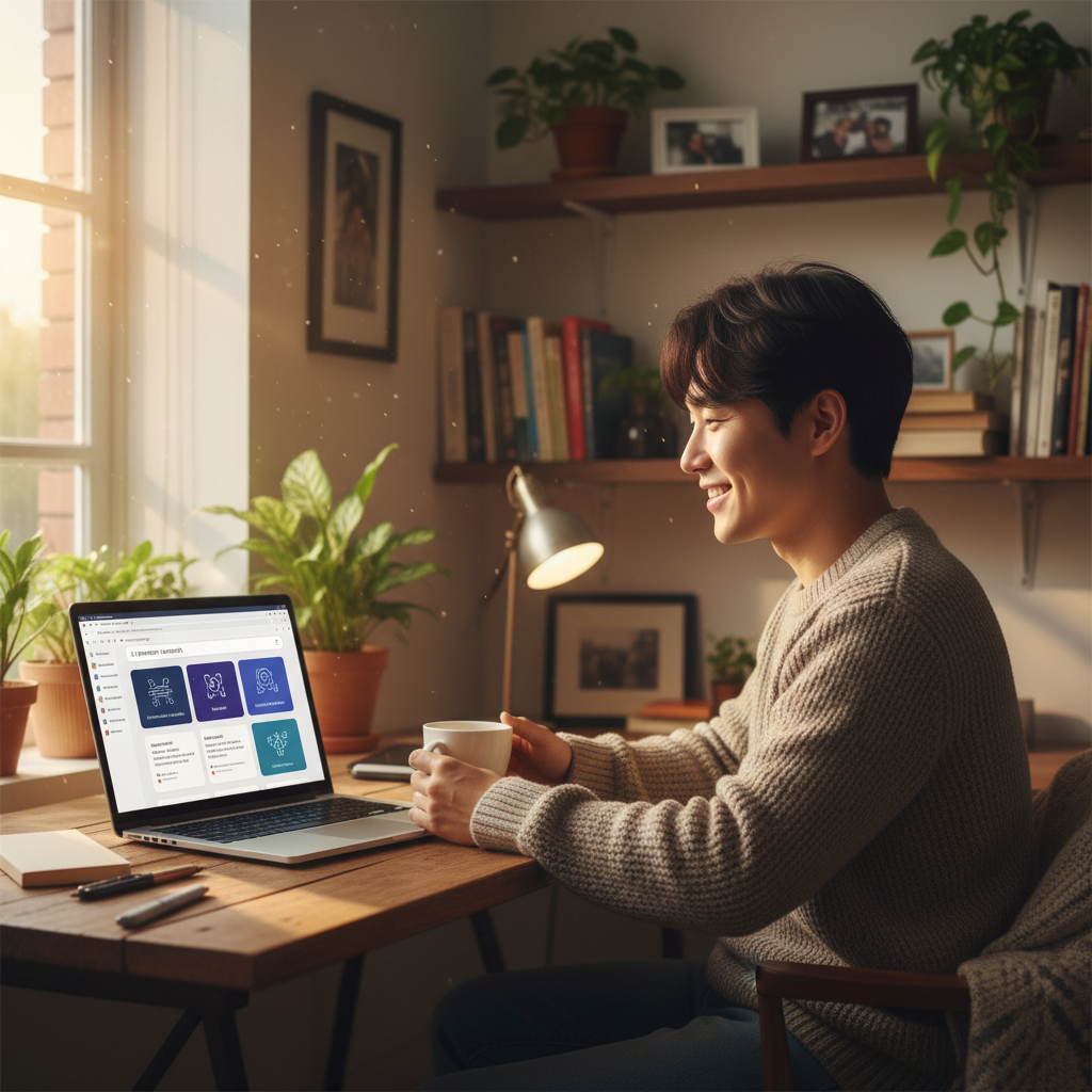 A Korean man focusing on his laptop screen in a cozy home office, looking satisfied with a clean browser interface, warm natural lighting, realistic photography, Firefox AI keyword related, 4:3