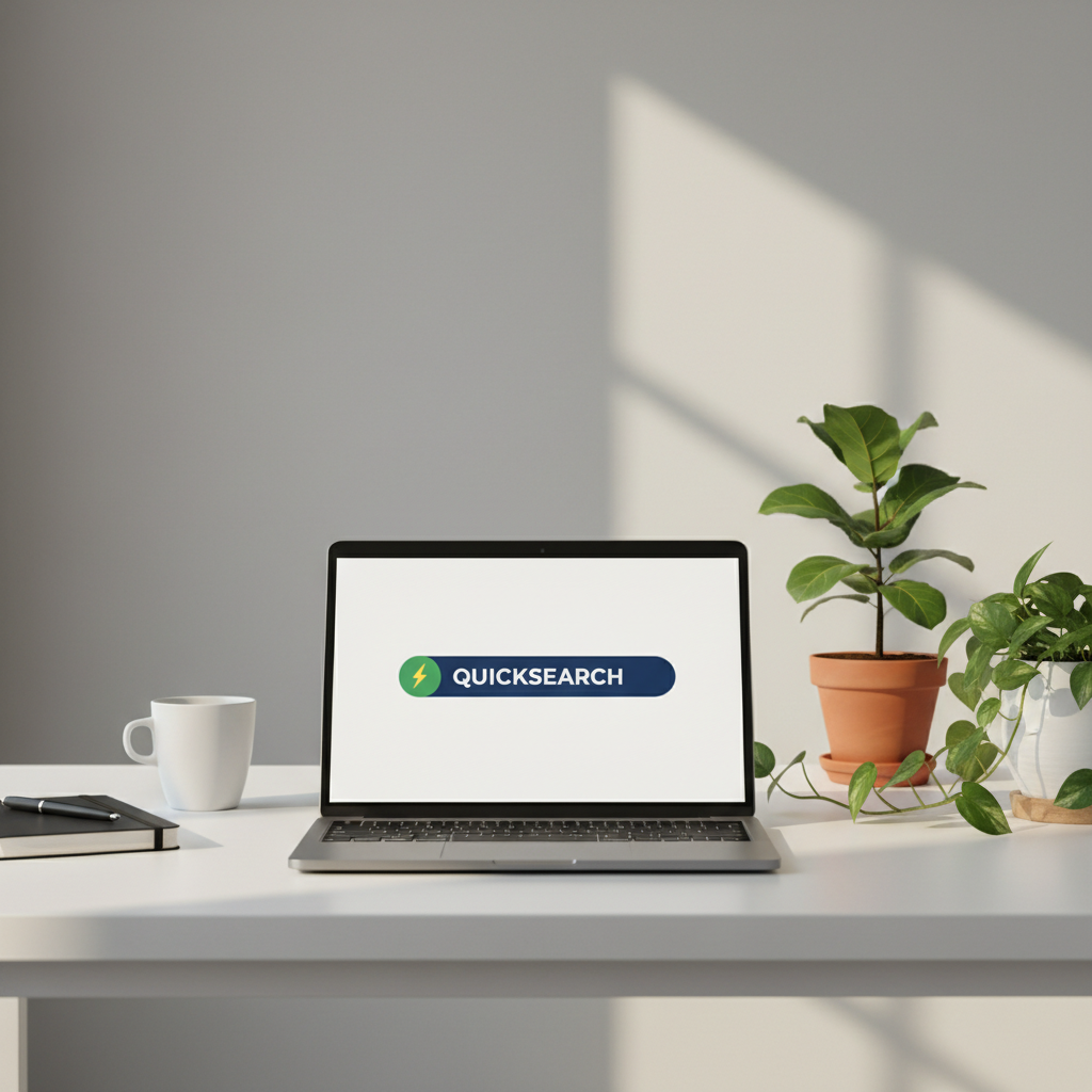 A minimalist workspace with a laptop showing a simple and fast browser page, green plants on the side, soft morning sunlight, 1:1