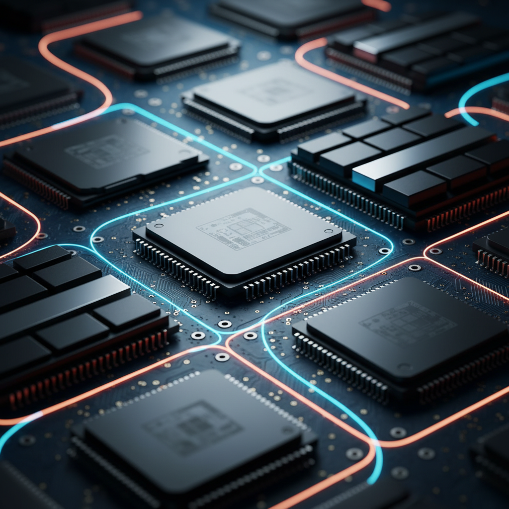 A professional macro shot of several DRAM memory chips and microprocessors arranged on a dark blue circuit board background with glowing light trails. Modern tech aesthetic, high contrast. 1:1