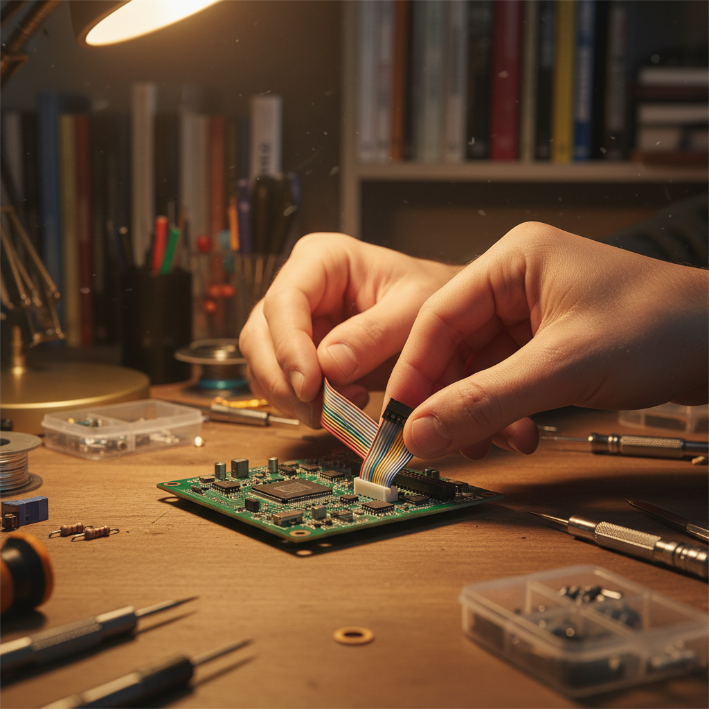 Close-up of a person's hands carefully connecting a ribbon cable to a small computer board in a well-lit home workshop. Authentic DIY atmosphere, warm colors. 1:1
