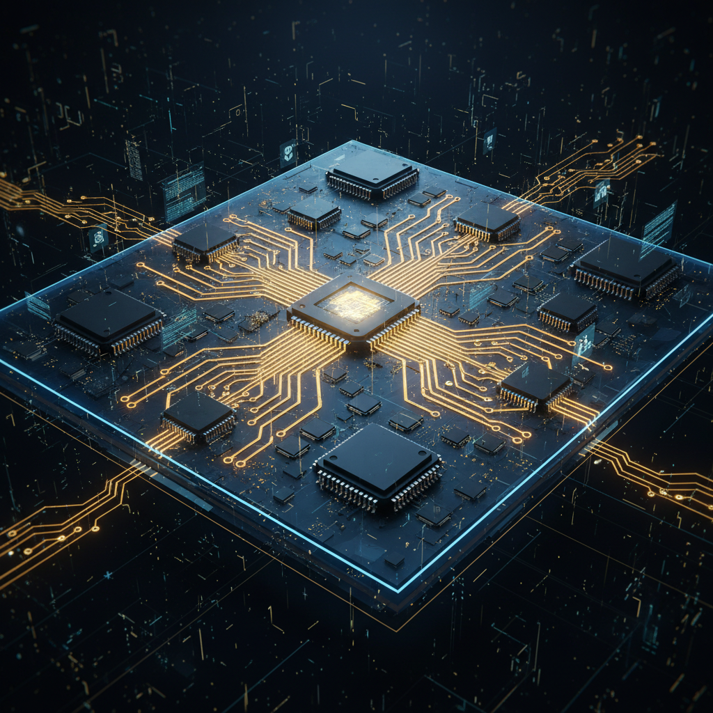A futuristic digital illustration of a computer circuit board with glowing golden data paths connecting various chips. Dark background with blue and gold neon accents. 4:3
