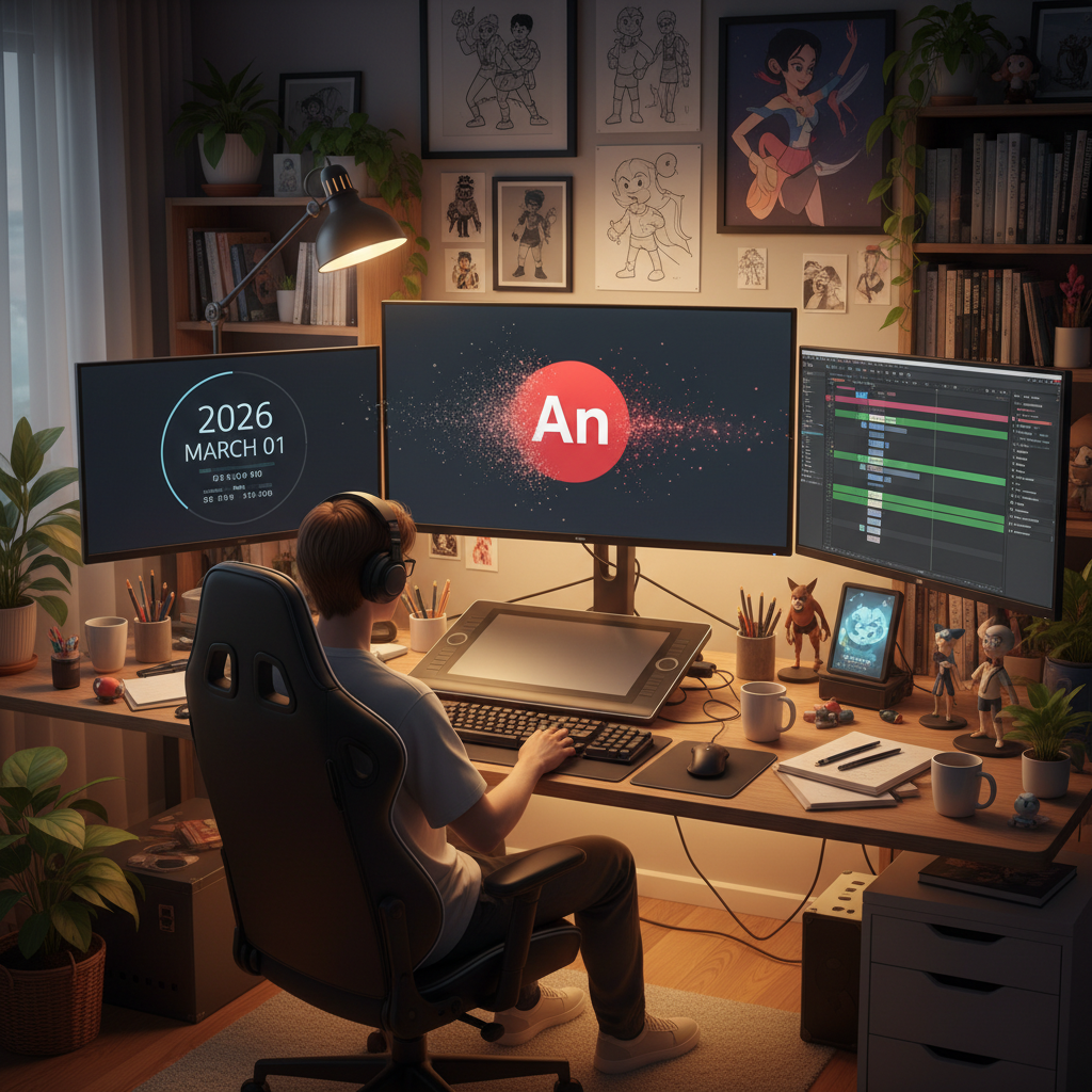 A professional digital artist's workspace with a countdown clock showing 2026 March on one screen and the Adobe Animate logo fading out on another, soft warm lighting, cinematic 4:3