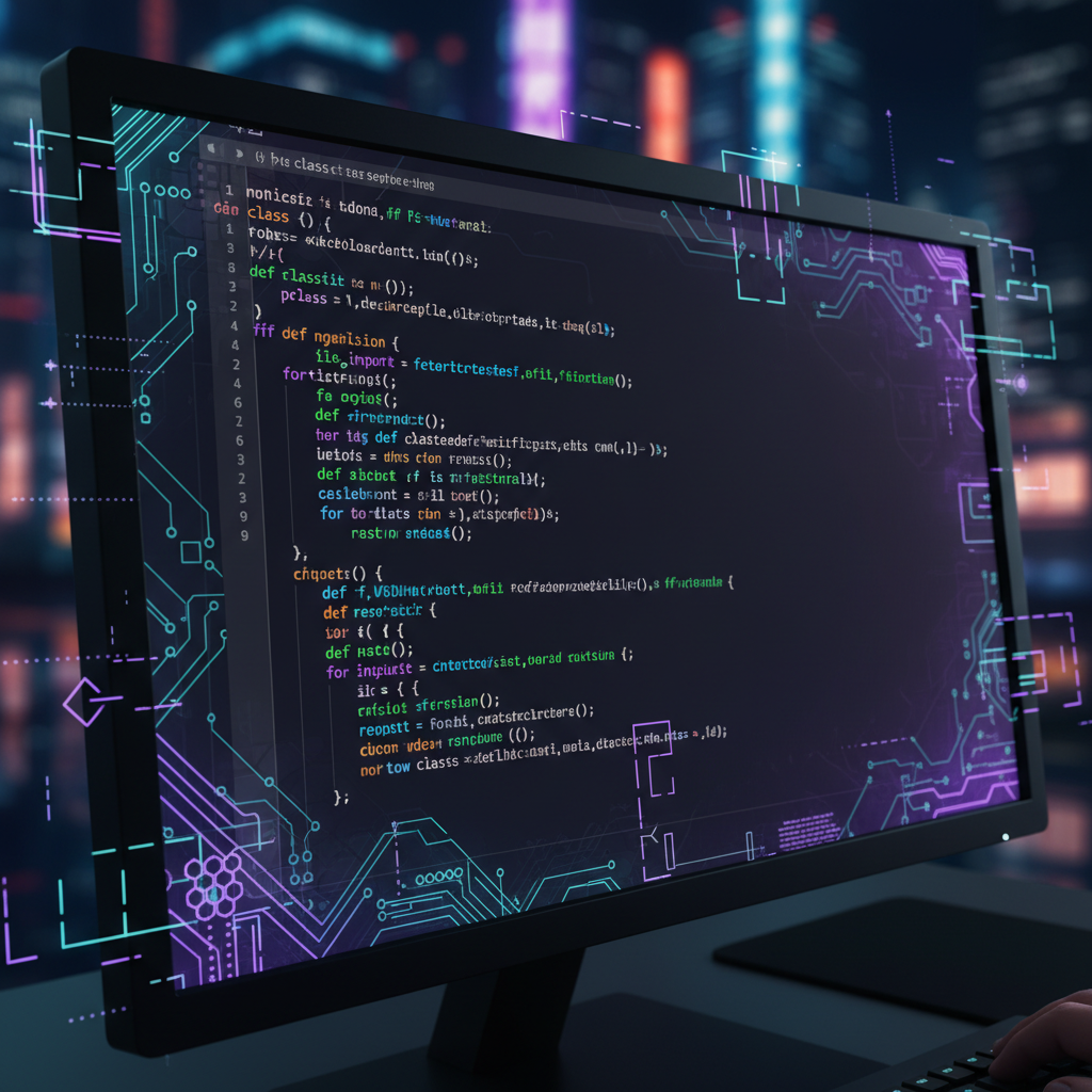 Close up of a computer screen showing clean python code with syntax highlighting, abstract digital elements, dark theme, 4:3