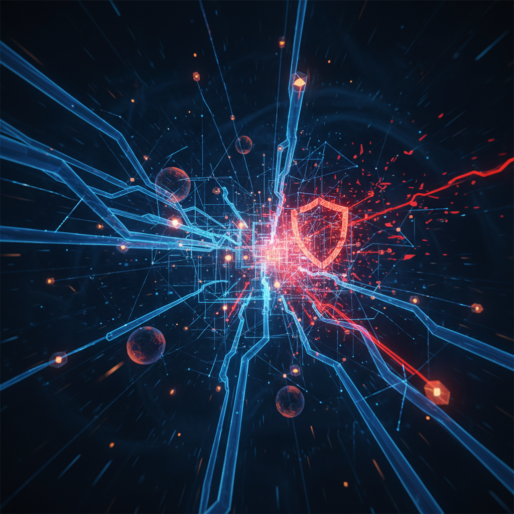 Abstract digital visualization of network data streams with some lines turning red to represent a security compromise. Deep blue and glowing orange color palette, futuristic style, high contrast. 4:3