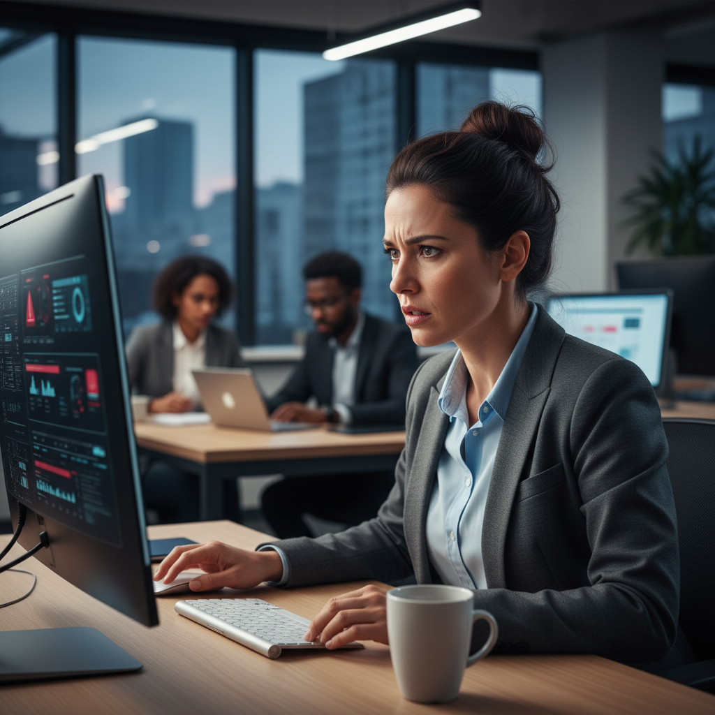 A person in a modern office looking intensely at a computer screen with a concerned expression. Professional setting, realistic lighting, focus on the user's reaction to digital information. 4:3