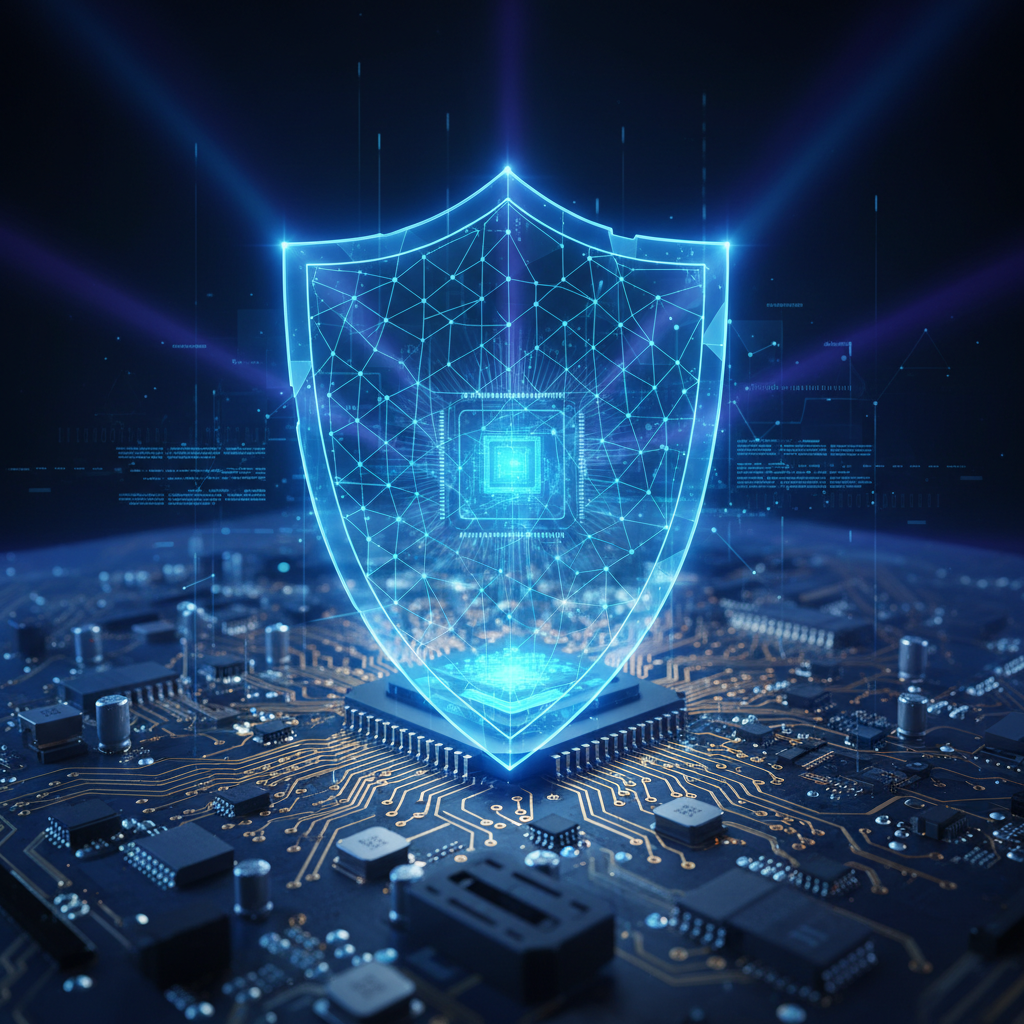 A glowing blue digital shield overlaying a computer motherboard or circuit background. Concept of cyber security and protection, tech-focused, cinematic lighting. 4:3