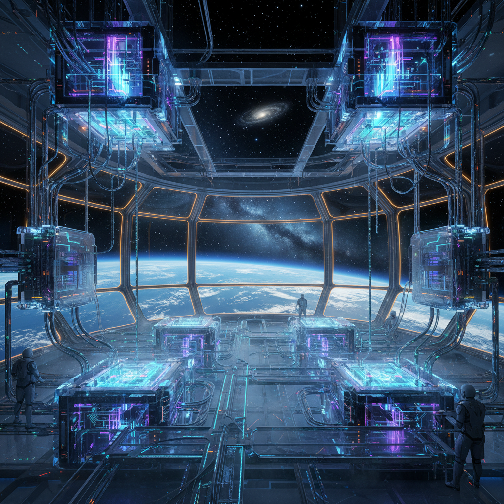 Inside a futuristic space station housing massive AI processors with cooling systems glowing in the dark, windows showing the Earth and stars, hyper-realistic, 4:3