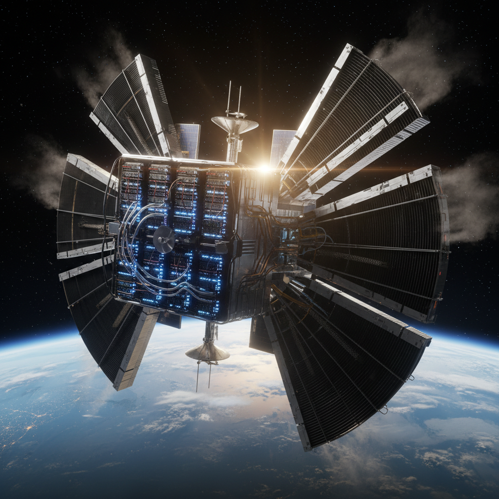 A realistic 3D render of a high-tech satellite equipped with massive server racks and cooling fins, orbiting Earth with sun reflecting off its metallic surface, detailed space technology, 4:3