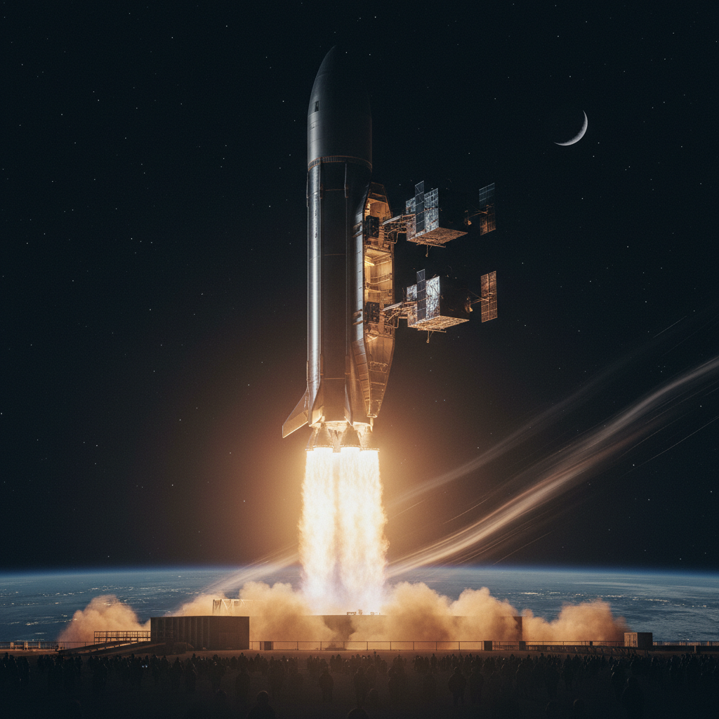 A powerful SpaceX Starship rocket launching into the dark sky with golden engine flames, carrying satellite components for space data centers, cinematic photography style, 4:3