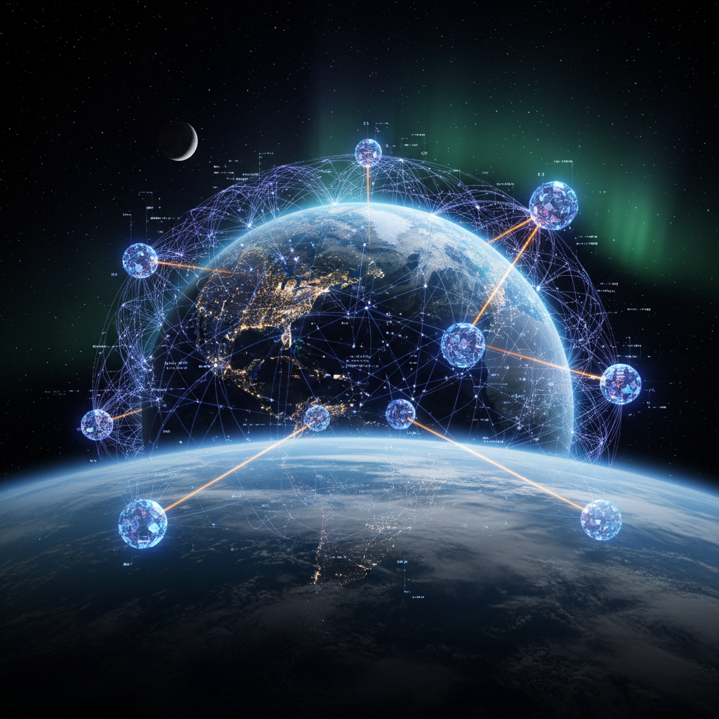A wide angle view of Earth at night with glowing connection lines representing a global AI network linked to orbital servers, digital transformation theme, 4:3