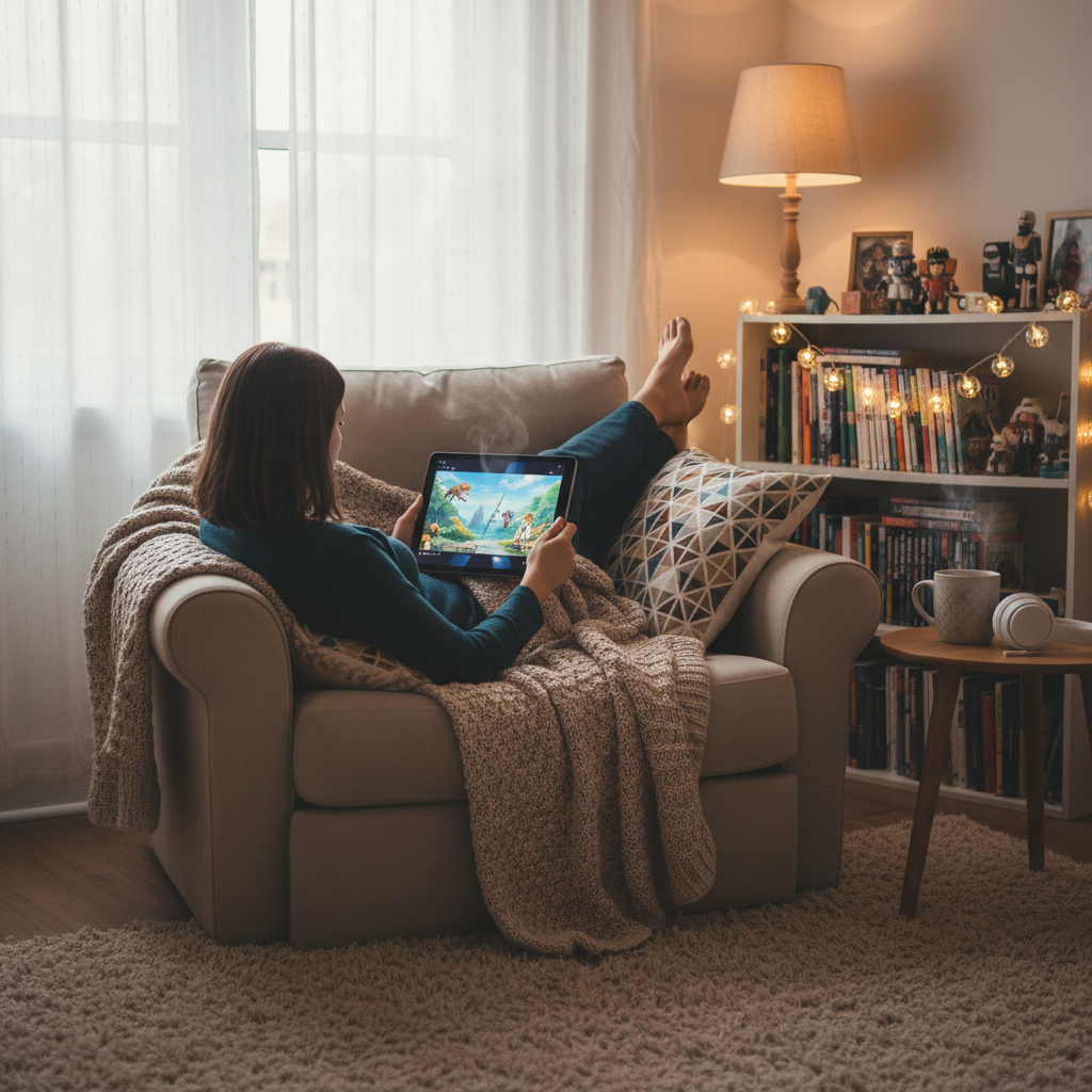 A person watching anime on a modern tablet in a cozy room with soft lighting, high quality lifestyle photography, no text, 4:3