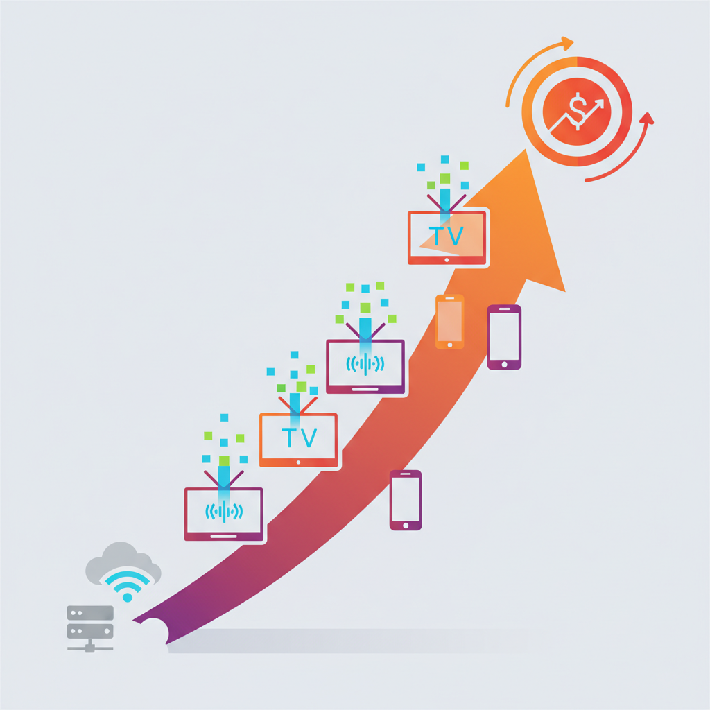 Modern and clean infographic style illustration representing rising service costs, minimalist icons of streaming screens, vibrant colors, no text, 4:3