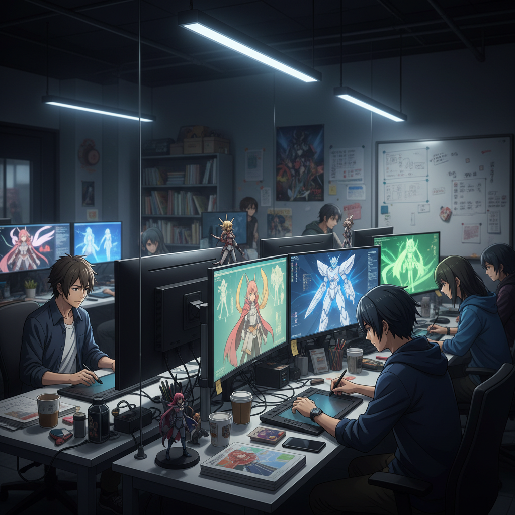 Professional anime production studio environment, digital screens showing character sketches, artistic rendering, high contrast, 4:3