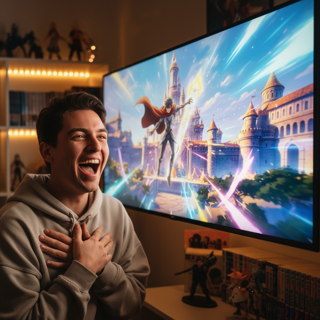 Close-up of a person reacting with joy while watching a high-quality anime show on a large screen, warm lighting, natural expression, 4:3