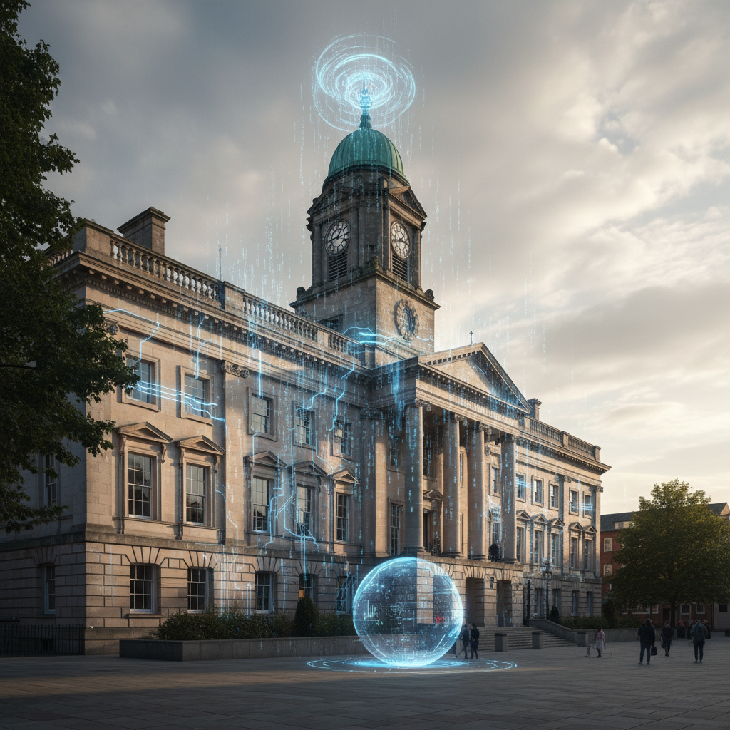A cinematic view of the historic Barnsley Town Hall building integrated with glowing blue digital AI circuit lines and data streams. Modern technology meets traditional architecture. High quality, realistic photography, afternoon light. 4:3