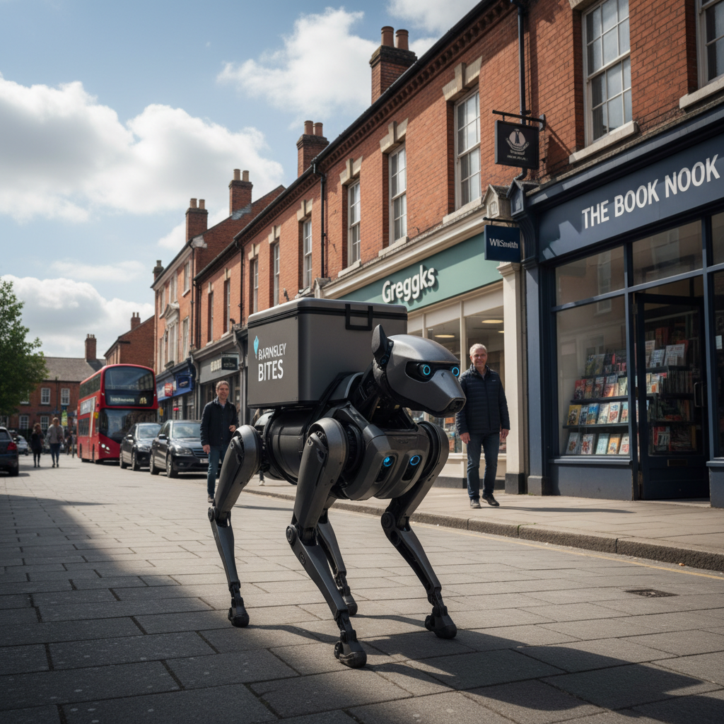A high-tech four-legged robot delivery dog walking on a typical British sidewalk in Barnsley. In the background, there are local shops and a clear sky. Photorealistic, modern urban tech scene, 4:3