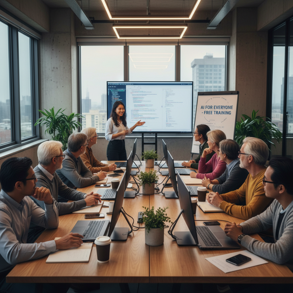 A diverse group of people, including older adults, attending a free AI training session in a modern tech hub office. They are looking at screens with interest. Warm and encouraging atmosphere, high quality 4:3