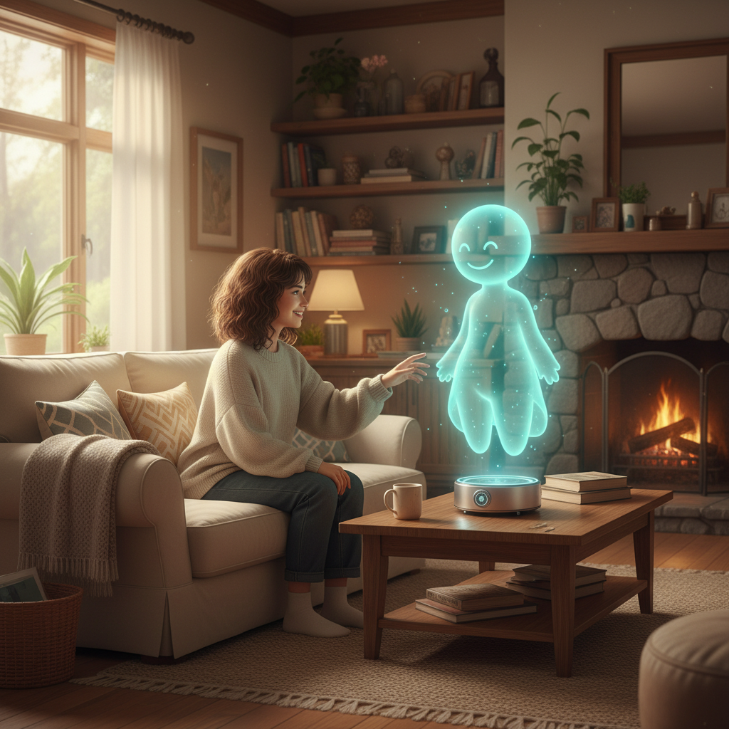 A person sitting on a sofa interacting with a friendly holographic AI companion, warm domestic living room, cozy atmosphere, futuristic but comforting technology, soft lighting, 4:3, no text