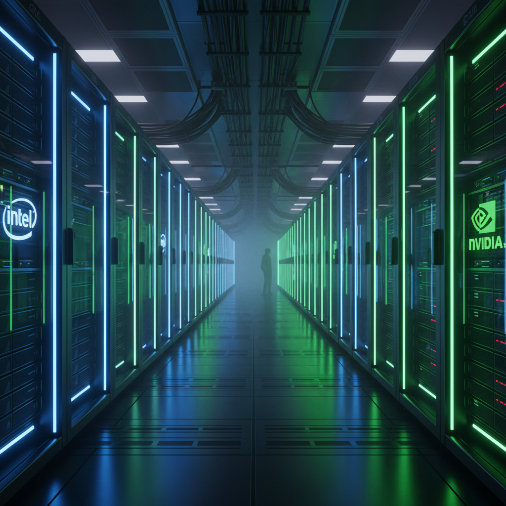 인텔과 엔비디아 로고가 대비되는 현대적인 데이터 센터 내부