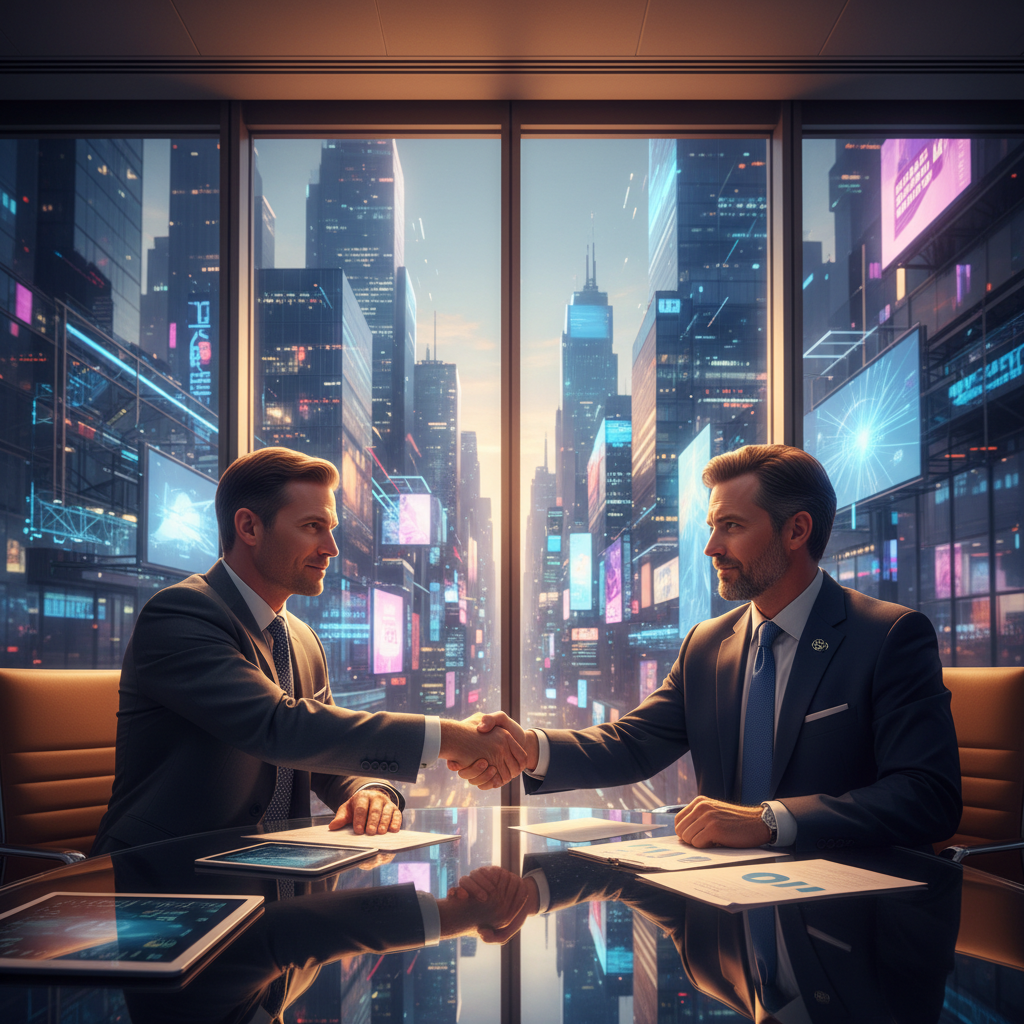 젠슨 황과 샘 알트먼의 협상을 상징하는 세련된 비즈니스 이미지