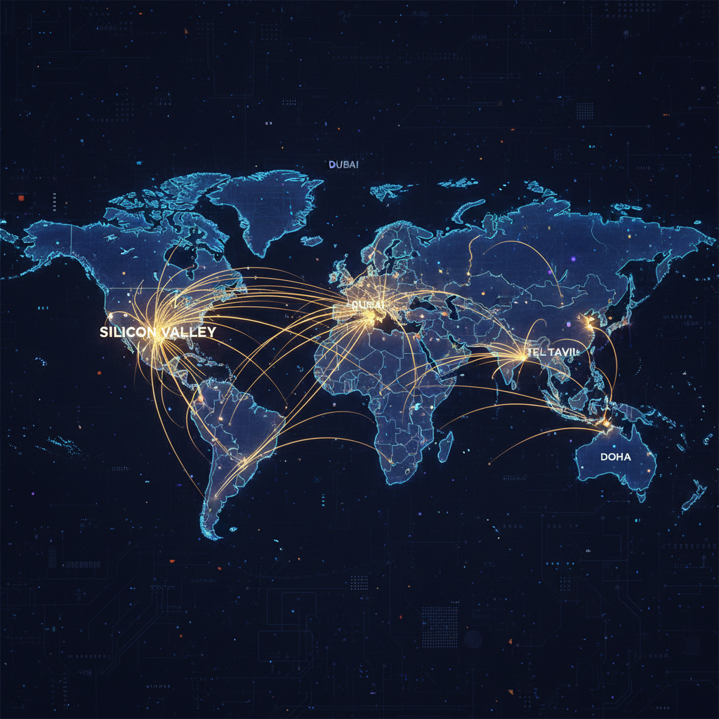 글로벌 기술 투자와 협력을 상징하는 디지털 세계 지도 일러스트