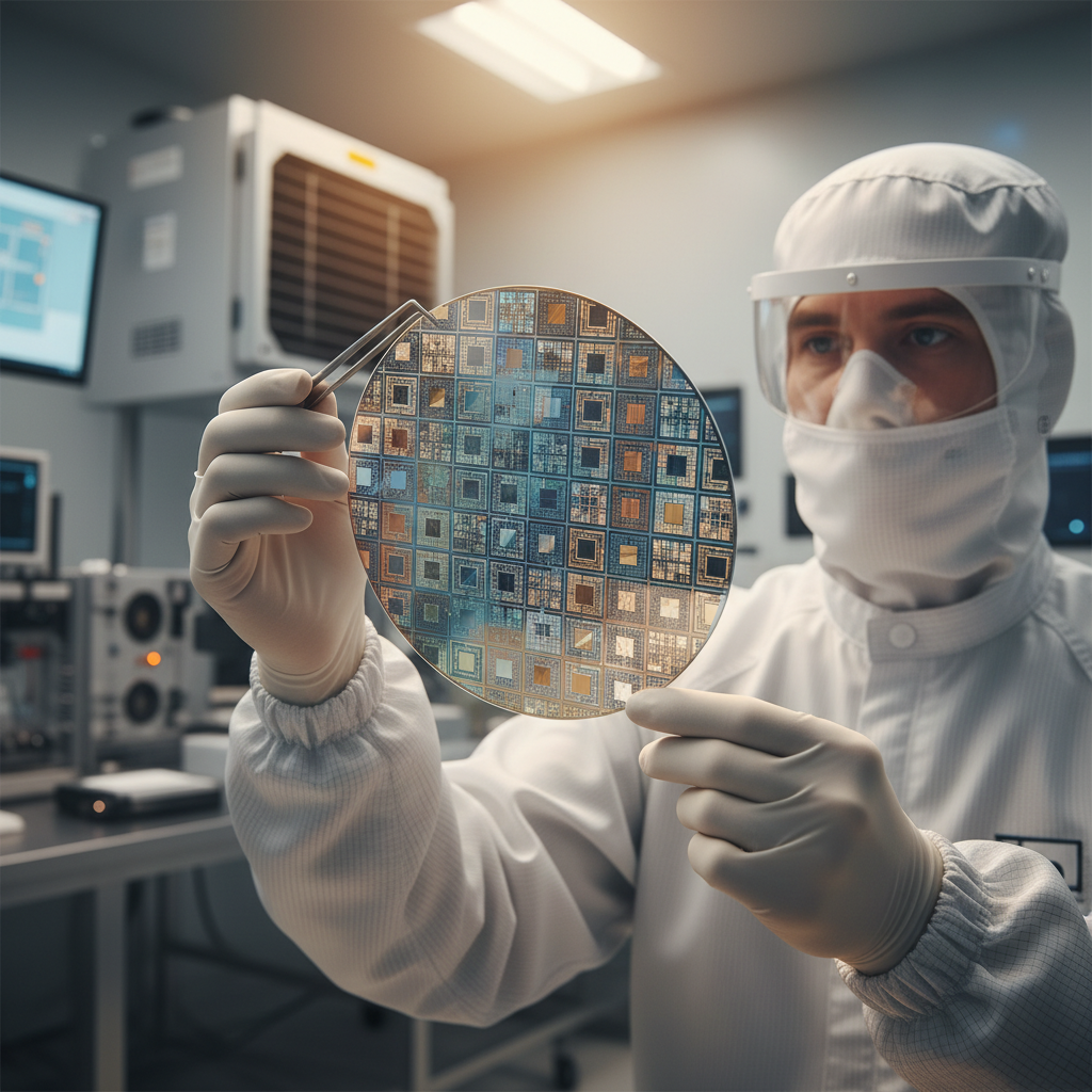 고도의 기술력이 집약된 반도체 웨이퍼를 검수하는 전문가의 모습