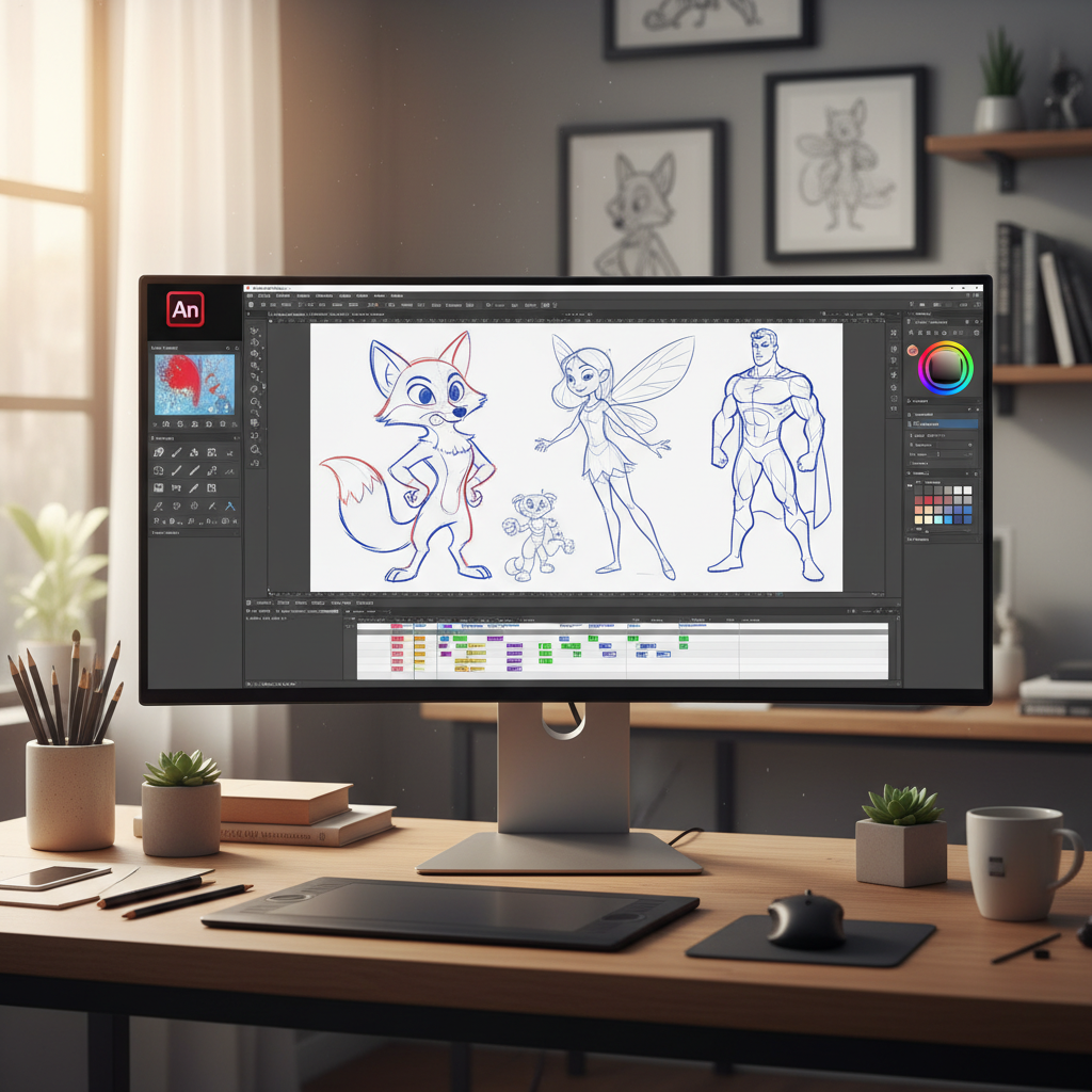 어도비 애니메이트 로고와 창의적인 애니메이션 작업 화면