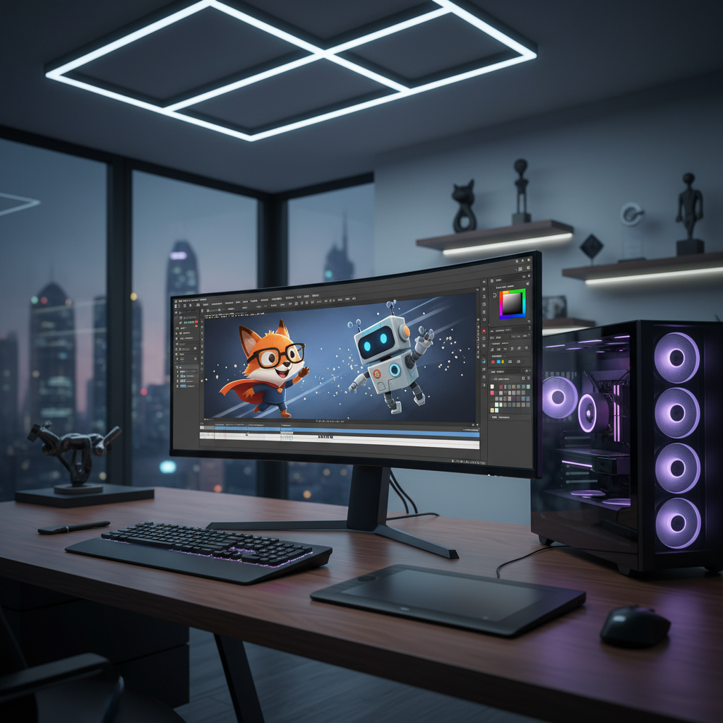 어도비 로고와 디지털 애니메이션 작업 화면