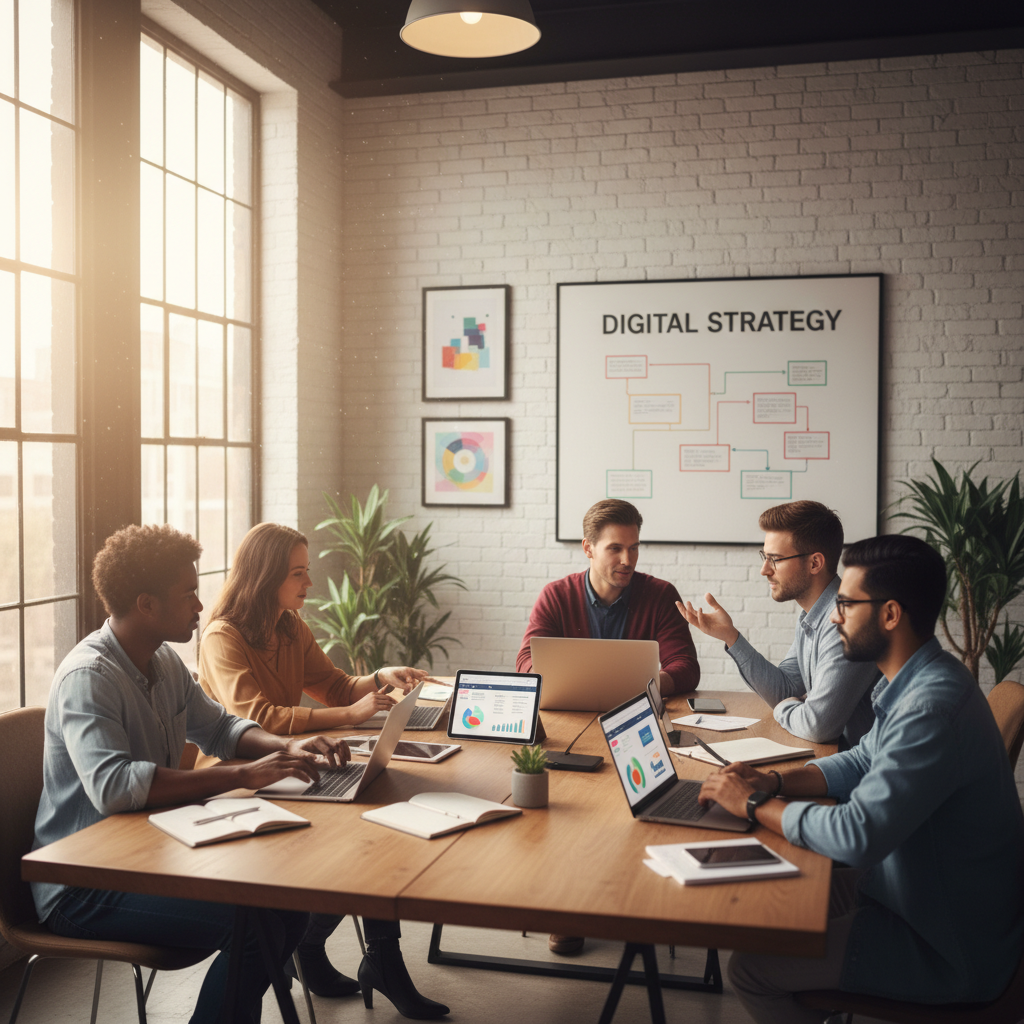 회의실에서 전략을 논의하는 창의적인 팀원들