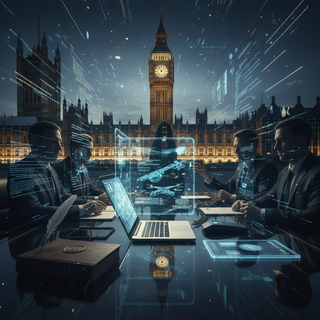 A dramatic scene representing the tension between traditional British government and modern high-tech corporations. In the background, the Palace of Westminster is subtly visible through a digital interface overlay. In the foreground, a sleek glass table with a high-end laptop showing abstract digital data and military technology blueprints. The atmosphere is professional and mysterious with dark blue and gold lighting. 4:3