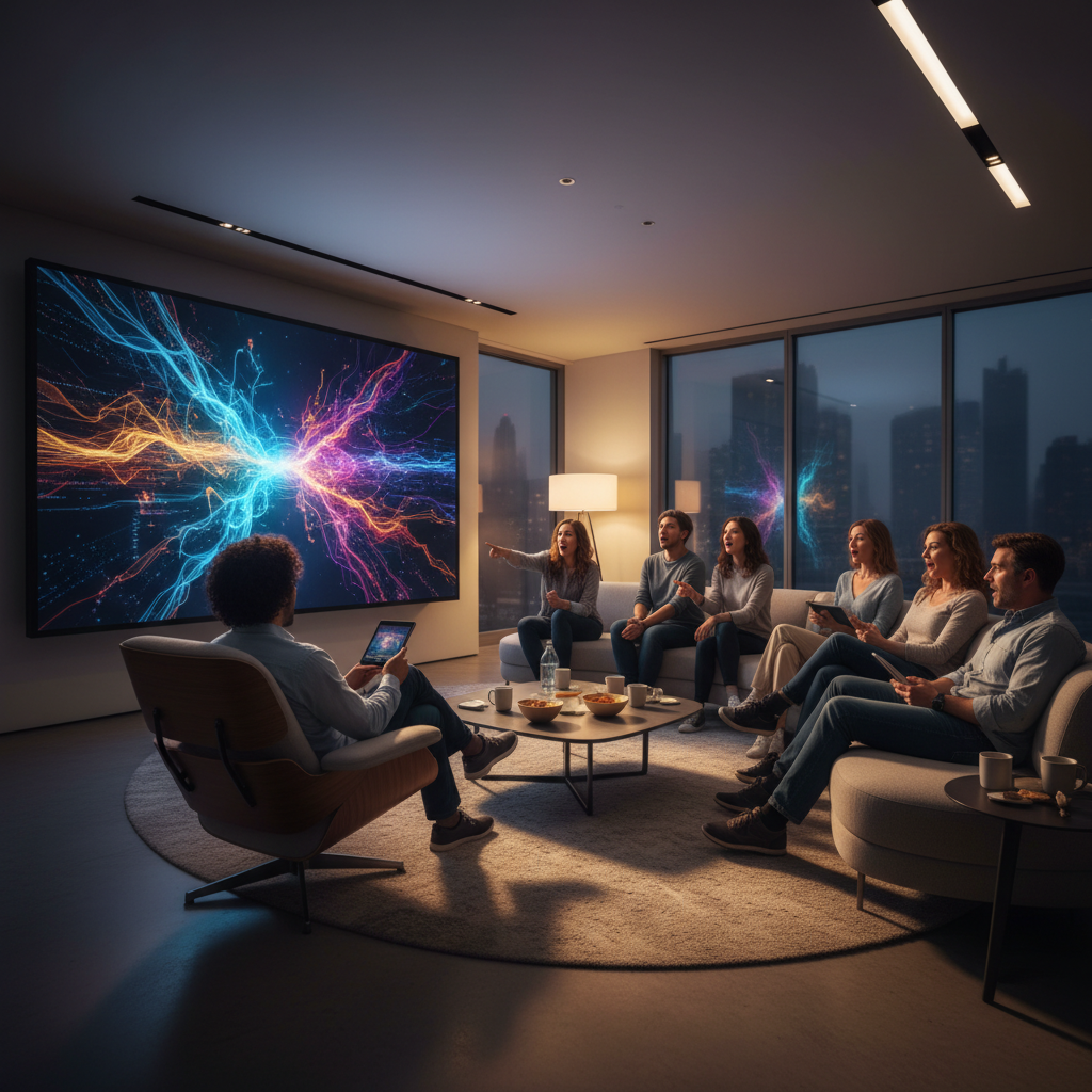 슈퍼볼 광고 영상을 시청하는 사람들의 모습