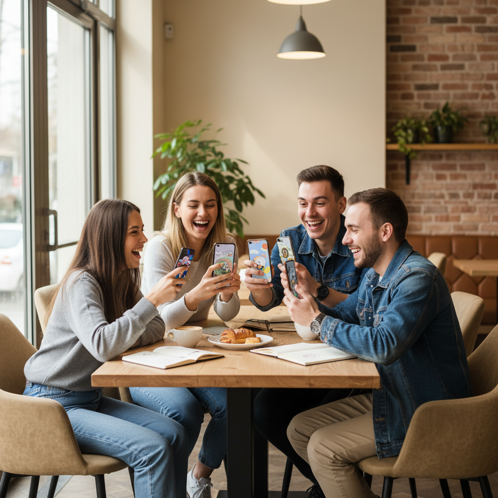 사람들과 함께 상호작용 콘텐츠를 즐기는 모습