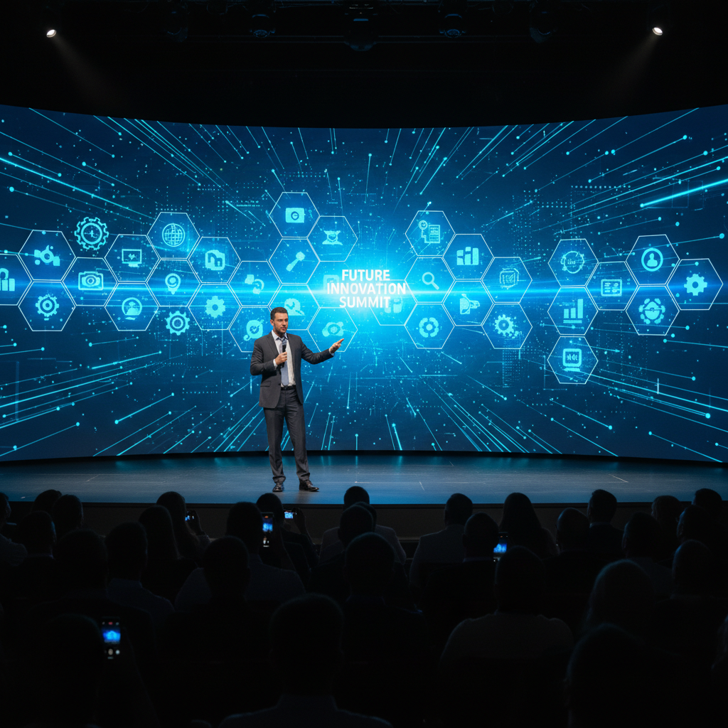 기술 컨퍼런스에서 발표하는 전문가의 뒷모습