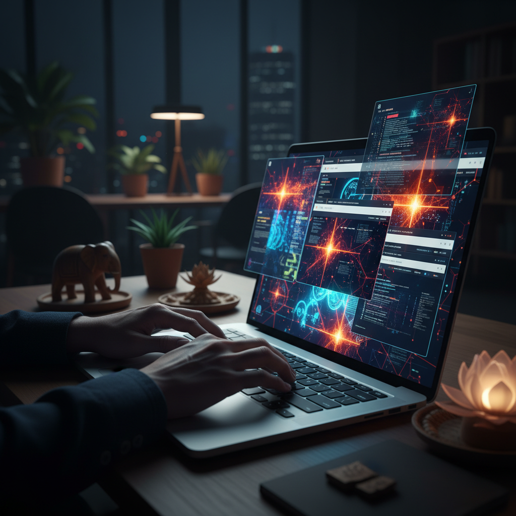 컴퓨터 화면을 통해 콘텐츠를 분류하는 사무실 풍경