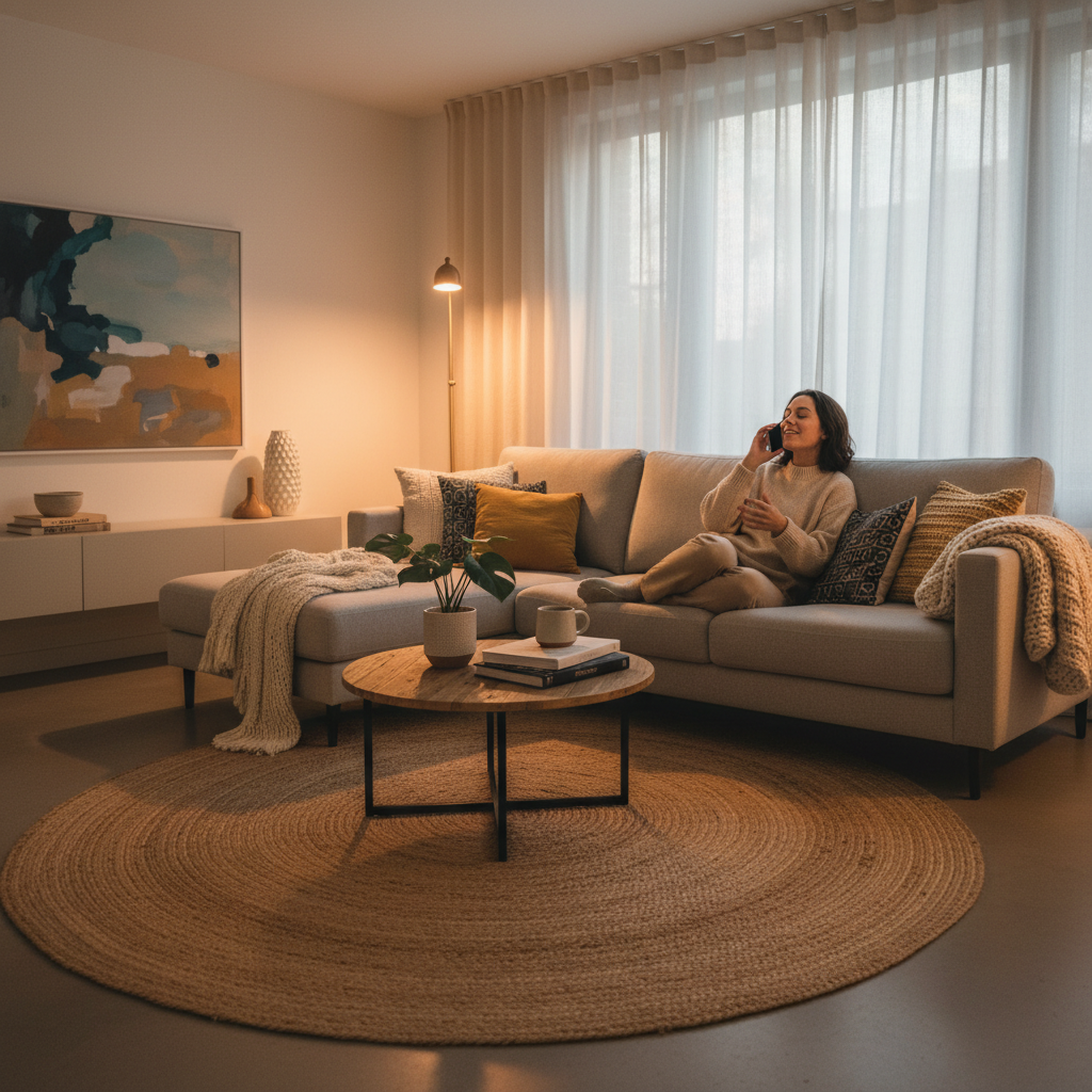 기술과 인간이 소통하는 평온한 거실 풍경