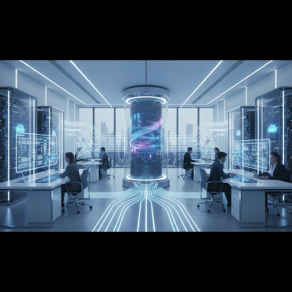 클라우드 서버와 데이터가 연결되는 현대적인 사무실 전경